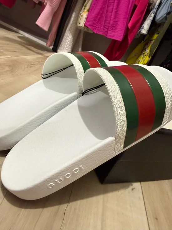 Gucci White Slides with Green and Red Stripe Accent - Picture 2 of 5